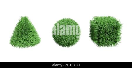 Rendering 3D forme geometriche realizzate in cubo a sfera con cono in erba. Modello di progetto. Foto Stock