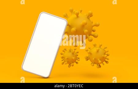 Smartphone con una molecola di coronavirus. Concetto di tracciamento del contatto. Rendering 3D Foto Stock