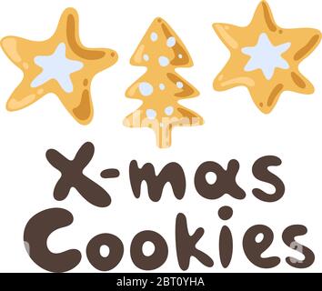 Biscotto di zenzero disegnato a mano vettoriale, tagliere di doodle stagione delle festività. Collezione di Natale, lettere. Biscotti ghiacciati di natale. Carino vacanza panetteria isolato Illustrazione Vettoriale