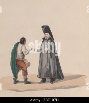 un canonico che consegna un crocifisso ad un uomo, da un gruppo di disegni raffiguranti costume peruviano, 1848. Foto Stock