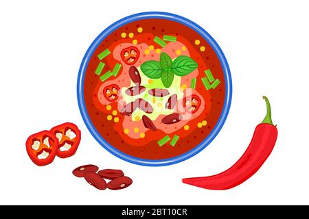 Zuppa di peperoncino isolata su bianco. Stufato di carne piccante con fagiolo. Paprika gazpacho. Zuppa cremosa nella vista dall'alto. Zuppa di verdure calde e fette di pepe. Vector Illustrazione Vettoriale