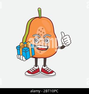 Un'illustrazione del carattere mascotte cartoon Papaya Fruit con regalo Illustrazione Vettoriale