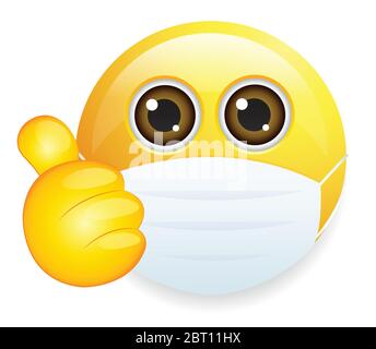 Emoticon di alta qualità su sfondo bianco. Emoji con i pollici e la maschera. Giallo emoji malato indossare maschera medica per proteggere Illustrazione Vettoriale