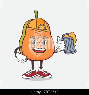 Un'illustrazione del carattere mascotte cartoon Papaya Fruit che tiene un bicchiere di birra Illustrazione Vettoriale