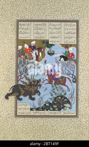 Bahram Gur assalita il lupo di rinoceronte, Folio 586r dal Shahnama (Libro dei Re) di Shah Tahmasp, ca. 1530-35. Foto Stock