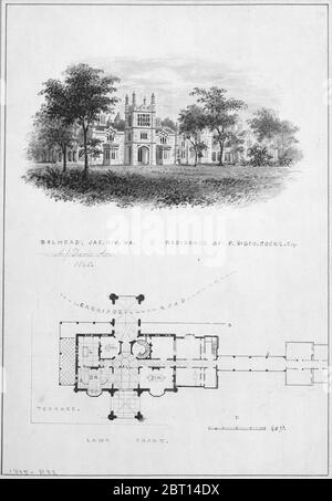 Belmead, James River, Virginia, residenza di Philip St. George Cocke (vignetta di elevazione e piano sul fiume), 1845. Foto Stock