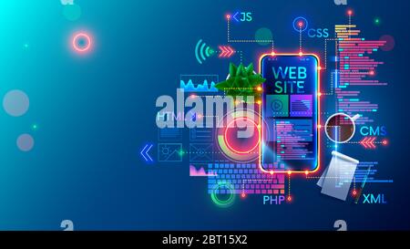 Illustrazione concettuale della tecnologia di sviluppo di siti Web mobili. Progettazione di pagine Internet del sito di layout su schermo telefono. Software di programmazione di Illustrazione Vettoriale