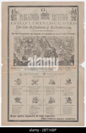 Telesetto, sul recto artista e artigiani in inferno con oggetti relativi alla loro professione intitolato 'il purgatorio artistico, dove si trovano le calaveras di artisti e artigiani', su teschi verso relativi a diverse professioni, ca. 1900-1910. Foto Stock