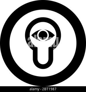 Keyhole occhio guardando blocco sportello aspetto icona concetto in cerchio colore nero illustrazione vettore stile piatto immagine semplice Illustrazione Vettoriale