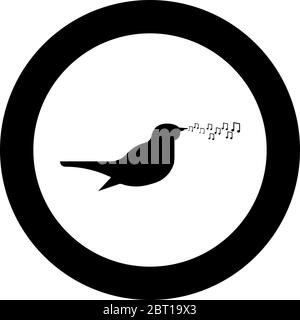Nightingale canto canzone Bird note musicali icona concetto musicale in cerchio rotondo nero colore vettore illustrazione piatta stile semplice immagine Illustrazione Vettoriale