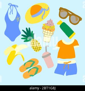 Insieme di cose da spiaggia e frutti in grafica vettoriale su sfondo blu. Per la progettazione di cartoline, poster, illustrazioni estive, copertine, fasciatura Illustrazione Vettoriale