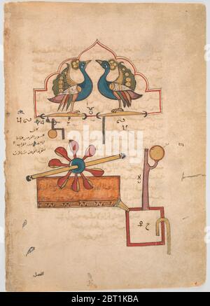 Disegno per l'orologio dell'acqua dei pavoni, dal Kitab fi ma'rifat al-hiyal-handasiyya (Libro della conoscenza dei dispositivi meccanici ingegnosi) di Badi' al-Zaman b. al Razzaz al-Jazari, datato A.H. 715/A.D. 1315. Foto Stock