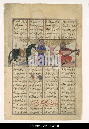 Quarto corso di Isfandiyar: Uccide una Sorceressa, Folio da uno Shahnama (Libro dei Re) di Firdausi, ca. 1330-40. Foto Stock