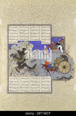 Terzo corso di Isfandiyar: Uccide un Drago, Folio 434v dal Shahnama (Libro dei Re) di Shah Tahmasp, ca. 1530. Foto Stock