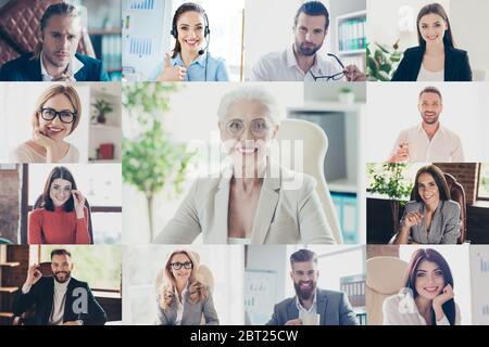 Conversazione visiva su canale privato utilizzando la tecnologia moderna per riunire insieme il concetto. Montage più foto di uomo d'affari ceo treno parlare Foto Stock