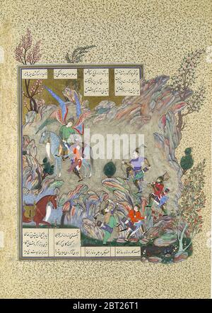 L'Angelo Surush Rescues Khusrau Parviz da un cUL-de-sac, Folio 708v dal Shahnama (Libro dei Re) di Shah Tahmasp, ca. 1530-35. Foto Stock