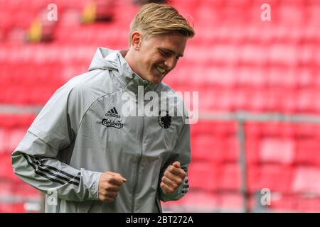 Copenaghen, Danimarca. 22 maggio 2020. Mikkel Kaufmann del FC Copenhagen si sta riscaldando per la partita di allenamento tra il FC Copenhagen e OB a Telia Parken. Dalla prossima settimana la Superliga danese si riavvierà ma senza tifosi sugli stadi a causa dello scoppio del virus Corona. (Photo Credit: Gonzales Photo/Alamy Live News Foto Stock