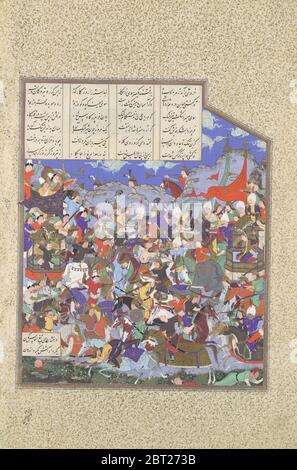 Inizia la battaglia di Pashan, Folio 243v dal Shahnama (Libro dei Re) di Shah Tahmasp, ca. 1530-35. Foto Stock