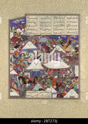 Il campo iraniano besottato attaccato di notte, Folio 241r dal Shahnama (Libro dei Re) di Shah Tahmasp, ca. 1525-30. Foto Stock