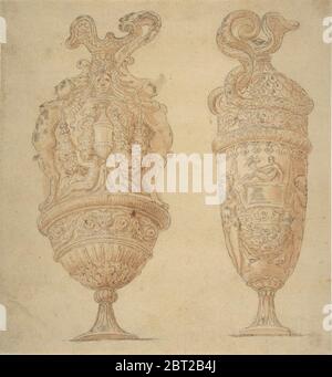 Due urne decorate con figure umane, animali e Garlands., n.d.. Foto Stock