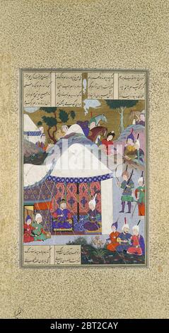 ZAL Domande le intenzioni di Sam riguardo alla Casa di Mihrab, Folio 81v dal Shahnama (Libro dei Re) di Shah Tahmasp, ca. 1525-30. Foto Stock