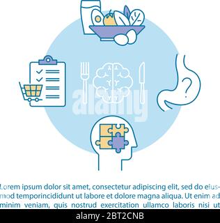 Icona del concetto di controllo del consumo con testo. Alimentazione consapevole, lista degli acquisti e menu. Modello vettore di pagina PPT. Brochure, riviste, opuscoli Illustrazione Vettoriale