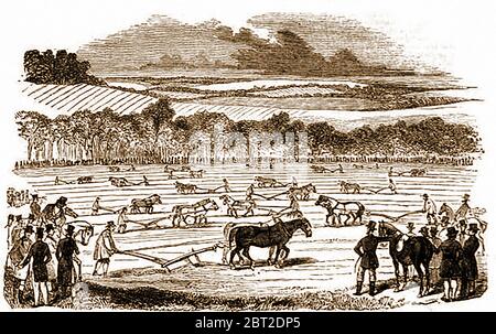 Plowing match 1842 si svolge in un campo di proprietà di John Miles Esquire di Leigh Court, vicino a Beggars Bush sulla strada per Portishead. Un rapporto ha dichiarato che ci erano circa 1000 signori a cavallo, circa 5000 spettatori e 46 aratri in azione, tutti trovando lavoro difficile sul campo di 20 acri a causa del terreno molto pietroso. (Un modo pazzo per il proprietario di terra di classe superiore di ottenere la sua terra pietrosa arato pagando i competitori). Il concorso faceva parte della riunione annuale della Royal Agricultural Society. Foto Stock