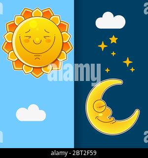 Illustrazione Vettoriale di giorno e di notte. Giorno Notte concetto, il sole e la luna, giorno Icona di notte Illustrazione Vettoriale