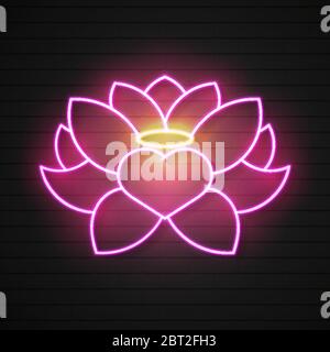 Cartello rosa Lotus Neon. Concetto di armonia e meditazione. Progettazione pubblicitaria. Cartello Notturno luminoso, Affissioni colorate, Banner chiaro. Vettore in Neon S Illustrazione Vettoriale