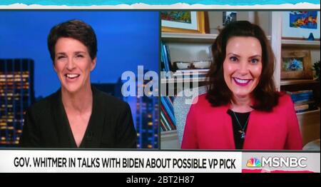 Lansing, Michigan, Stati Uniti. 21 Maggio 2020. Una schermata di cattura del governatore del Michigan GRETCHEN WHITMER (D) intervistato da RACHEL MADDOW di MSNBC. Whitmer è stato menzionato come un possibile compagno di corsa Pick forJoe Biden nelle elezioni presidenziali del 3 novembre 2020. Credit: Brian Cahn/ZUMA Wire/Alamy Live News Foto Stock