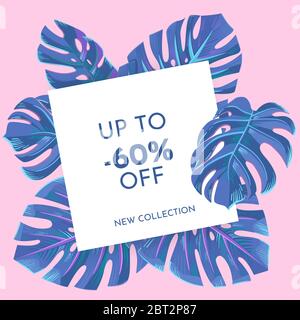 Modello di carta con foglie di monstera viola su sfondo rosa. Post frame sui social media per la rappresentazione aziendale. Illustrazione Vettoriale