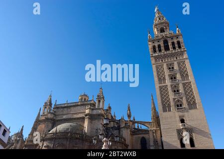 Vista sulla splendida torre della Giralda nella città di Siviglia Foto Stock