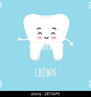 Cute dente con dentale corona emoji carattere. Illustrazione Vettoriale