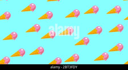 Gelato rosa senza cuciture modello in stile moderno su sfondo blu. Illustrazione grafica su carta Sweet Vector. Stampa estiva su carta da parati. Grafica irregolare texture copertina.sfondo colore pastello stock. Illustrazione Vettoriale