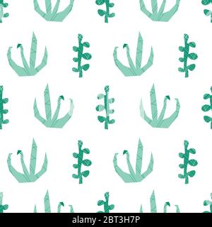 Schema vettoriale senza giunture di piante verdi astratte. Stile Papercut che ripete lo sfondo della natura testurizzata. Illustrazione Vettoriale