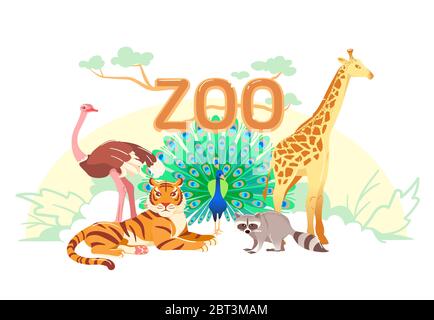 Banner web Zoo Flat. Gruppo di animali cartoni animati su copertina orizzontale bianca o intestazione dei social media. Struzzo giraffe tigre raccoon pavone semplice natura poster. Carta vettoriale di animali esotici. Cartolina per bambini Illustrazione Vettoriale