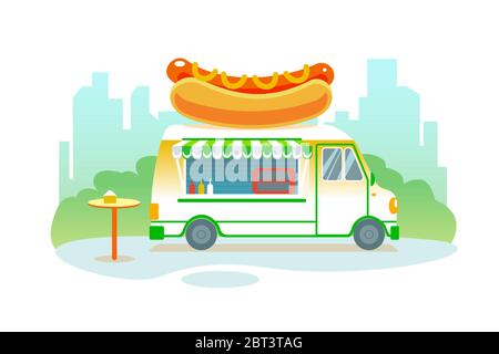 Poster con hot dog food camion nel parco sullo sfondo della città. Estate fast food festival isolato vettore illustrazione. Street hotdog Cafe su banner ruote. Servizio catering esterno. Auto retrò con pasto. Illustrazione Vettoriale