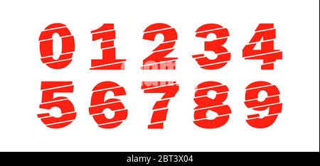 Set di dieci numeri da zero a nove. Elementi moderni di design del numero vettoriale rosso. Stile flat line alla moda di numerale vettoriale. Elementi vettoriali illustrazione te Illustrazione Vettoriale