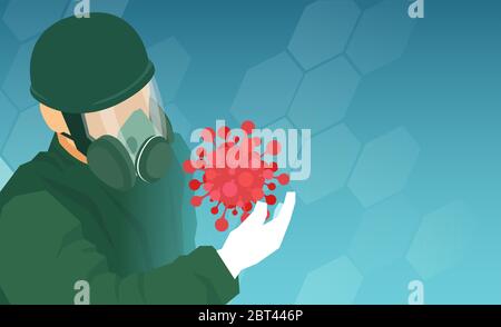 Vettore di un medico che indossa attrezzature personali di protezione guardando il modello di coronavirus Illustrazione Vettoriale