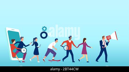 Concetto di strategia di referral marketing online per i clienti. Vettore di un gruppo di persone che tengono le mani e escono dallo smartphone. Illustrazione Vettoriale