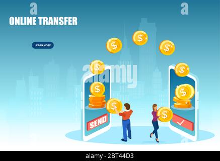 Vettore di un uomo che trasferisce denaro online a una donna tramite l'app per telefono cellulare Illustrazione Vettoriale