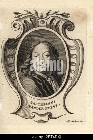 Ritratto di Bartolomeo van der Helst, pittore olandese di ritratto dell'età dell'oro 1613-1670. Barthelemi Vander Helst. Incisione su copperplate di M. Aubert dopo un autoritratto di Bartholomeus van der Helst di Antoine-Joseph Dezallier dArgenvilles Abrege de la vie des Plus fameux peintres, vite dei più famosi artisti, de Bure Laine, Parigi, 1762. Foto Stock