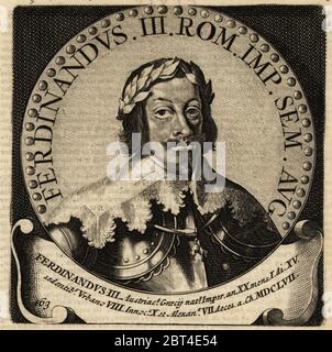 Imperatore Sacro Romano Ferdinando III, 1608-1657. Ferdinando III Austriaco, re di Boemia, re d'Ungheria, Arciduca d'Austria. Incisione su copperplate di Abraham Bogaerts De Roomsche Monarchy, la Monarchia Romana, Francois Salma, Utrecht, 1697. Foto Stock