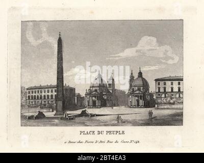 Vista di Piazza del Popolo, Place du Peuple, con un obelisco egiziano di Ramses II da Heliopolis, Roma. Incisione su rame da Pietro Datri la nuova raccolta delle principali vedute di Roma antica e moderna con le rovine della guerra, Roma, 1849. Foto Stock