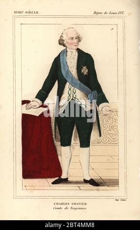 Charles Gravier, Comte de Vergennes, statista e diplomatico 1719-1787. Litografia Handcolored da Le Bibliophile Jacob aka Paul Lacroix i costumi Historiques de la France (costumi storici della Francia), Amministrazione de Librairie, Parigi, 1852. Foto Stock