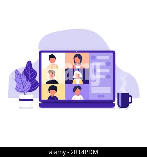 I colleghi si comunicano tra loro sullo schermo del laptop. Videochiamata in conferenza, lavoro da casa. Illustrazione Vettoriale