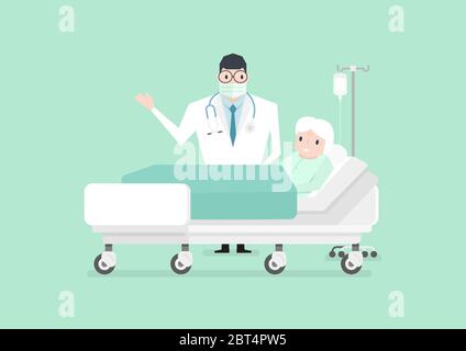 Medico che visita la paziente anziana della donna sul reparto. Concetto medico. Illustrazione Vettoriale
