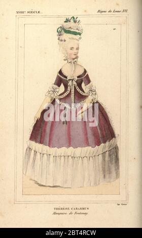 Teresa Cabarrus, Marquise de Fontenay, salonist e figura sociale, 1773-1835. Costume di 1798. Litografia Handcolored dopo un ritratto in Roger de Gaignieres' gallery portfolio x da Le Bibliophile Jacob aka Paul Lacroix i costumi Historiques de la France (costumi storici della Francia), Amministrazione de Librairie, Parigi, 1852. Foto Stock