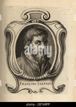 Ritratto di Francesco de' Rossi, Francesco Salviati, pittore manierista italiano 1510-1562. Francois Salviati. Incisione su copperplate da Antoine-Joseph Dezallier dArgenvilles Abrege de la vie des Plus fameux peintres, vite dei più famosi artisti, de Bure Laine, Parigi, 1762. Foto Stock