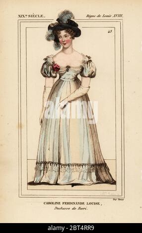 Marie-Caroline de Bourbon-Sicile, Duchessa di Berry, Caroline Ferdinande Louise, Duchesse de Berri 1798-1870. Litografia Handcolored da Madame Calon da Le Bibliophile Jacob aka Paul Lacroix i costumi Historiques de la France (costumi storici della Francia), Amministrazione de Librairie, Parigi, 1852. Foto Stock